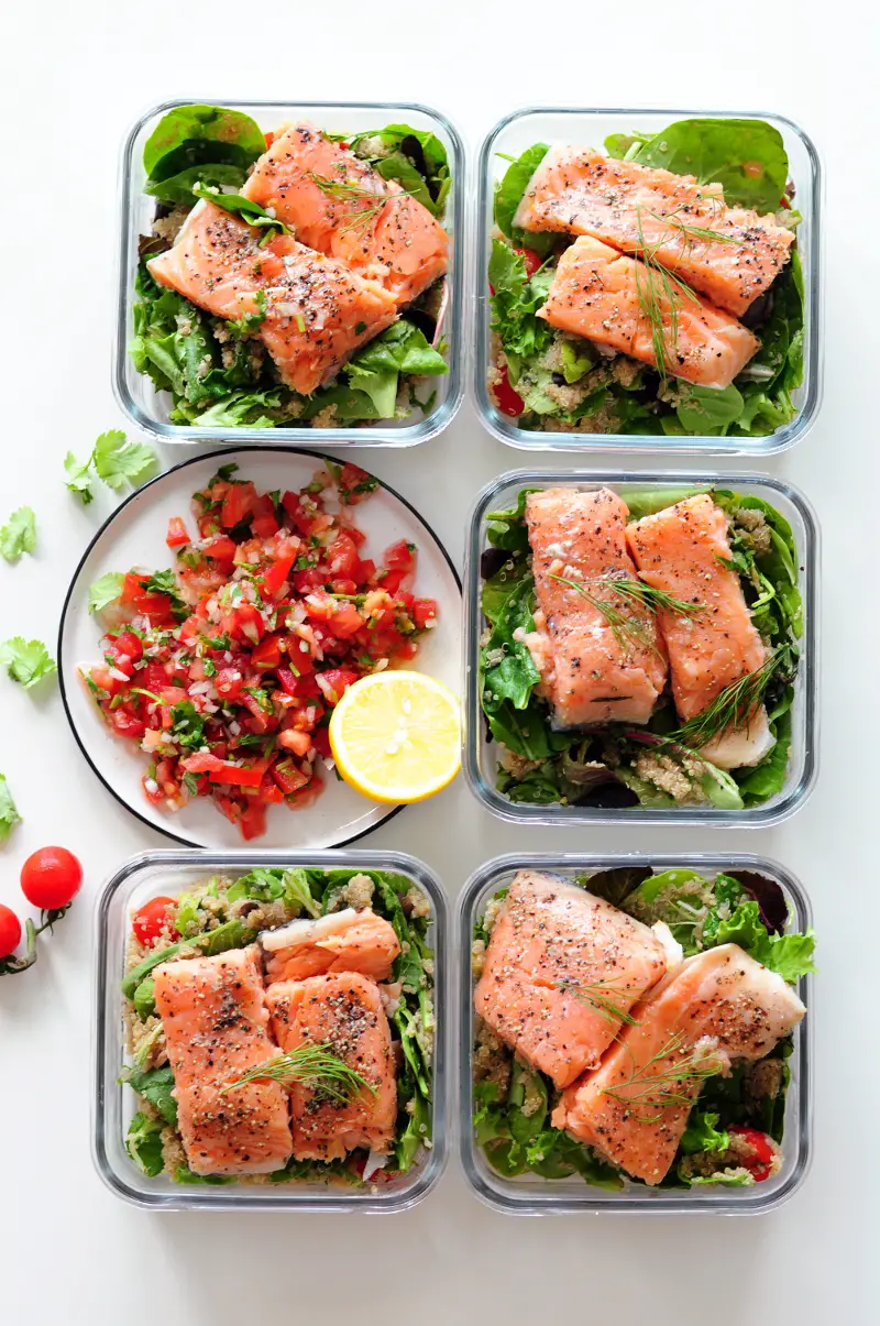 Sous vide salmon fillets with crispy skin paired with classic pico de gallo and a simple quinoa salad, this healthy and delicious meal is loaded with protein, omega-3 fatty acids, and vitamins.