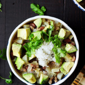 A quick one-pot chili featuring tender pork and a refreshing mojo sauce. This gluten-free pork chili recipe is done in 30 mins from start to finish!