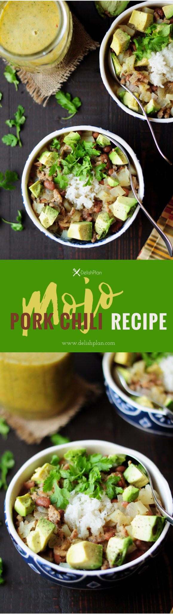 A quick one-pot chili featuring tender pork and a refreshing mojo sauce. This gluten-free pork chili recipe is done in 30 mins from start to finish!