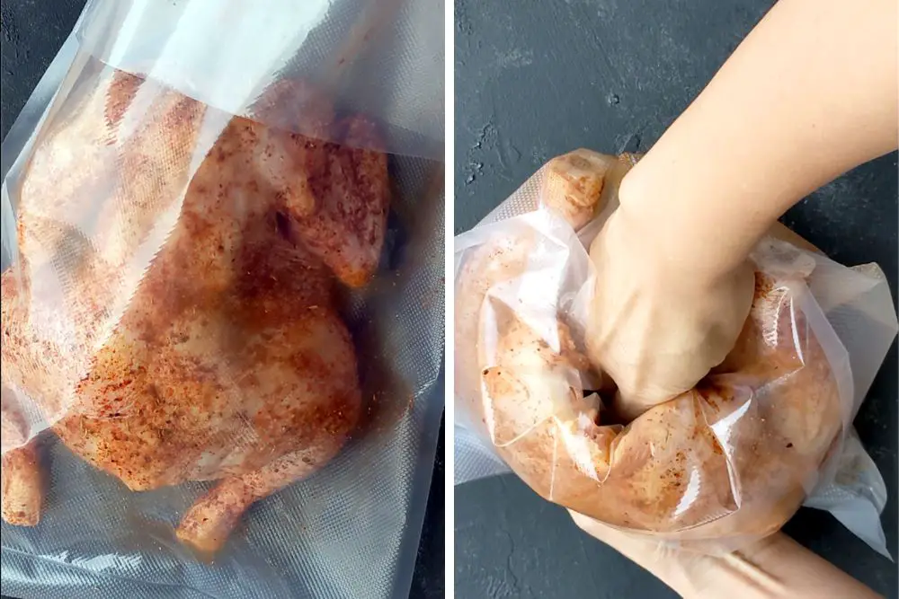 Step 5: Place the chicken, cavity side first, into the bag. Fold the top of the bag and hold it with one hand. Use the other hand (fist) to push the bottom of the bag into the chicken cavity. Release the top and vacuum seal the bag.