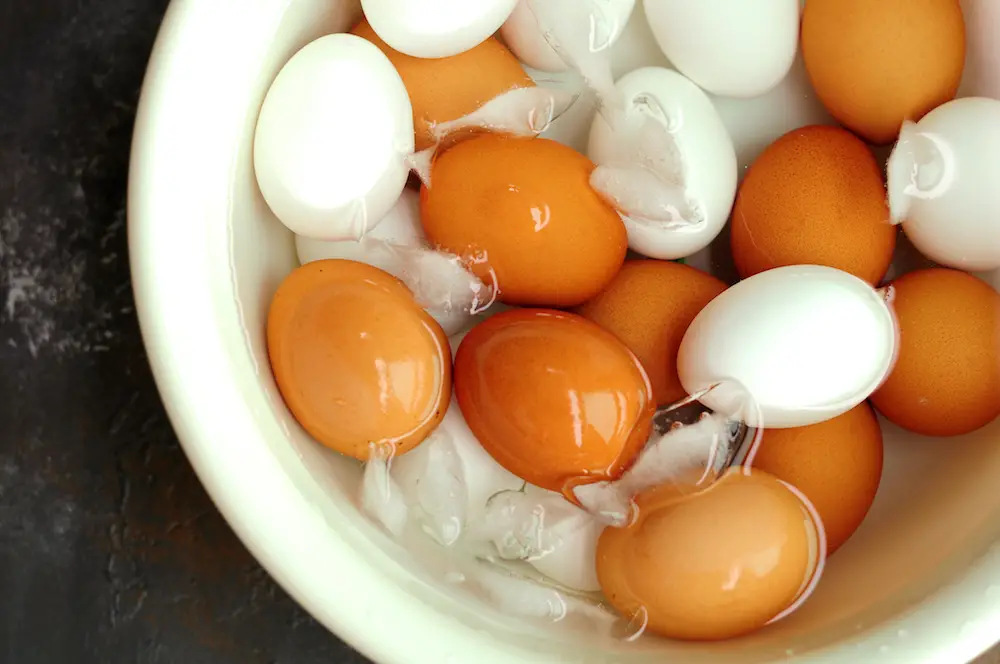 sous vide pasteurized eggs in ice-water bath