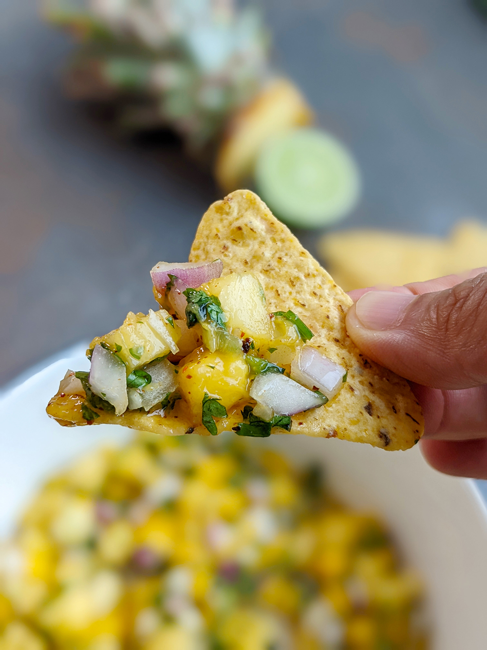 Hand holding a tortilla chip with pico