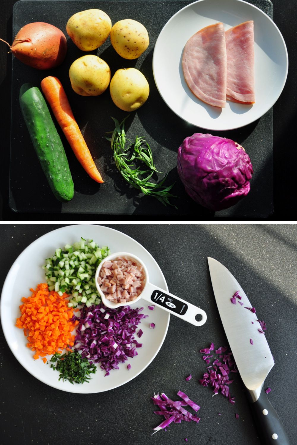 veggie-loaded mashed potato salad Ingredients and prep