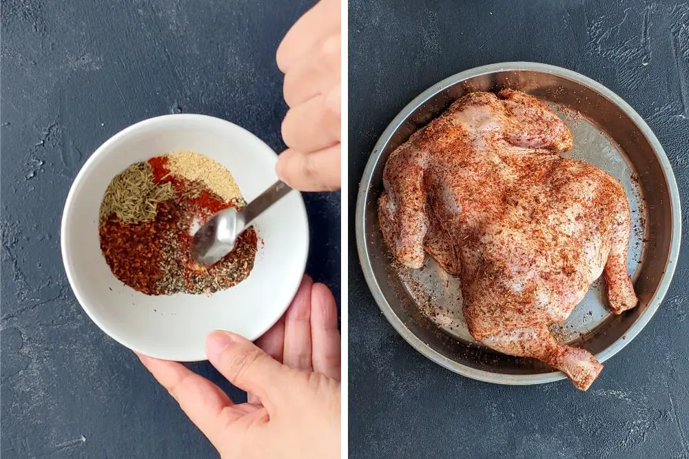 Make the dry rub for your bird and coat your chicken with the dry rub.