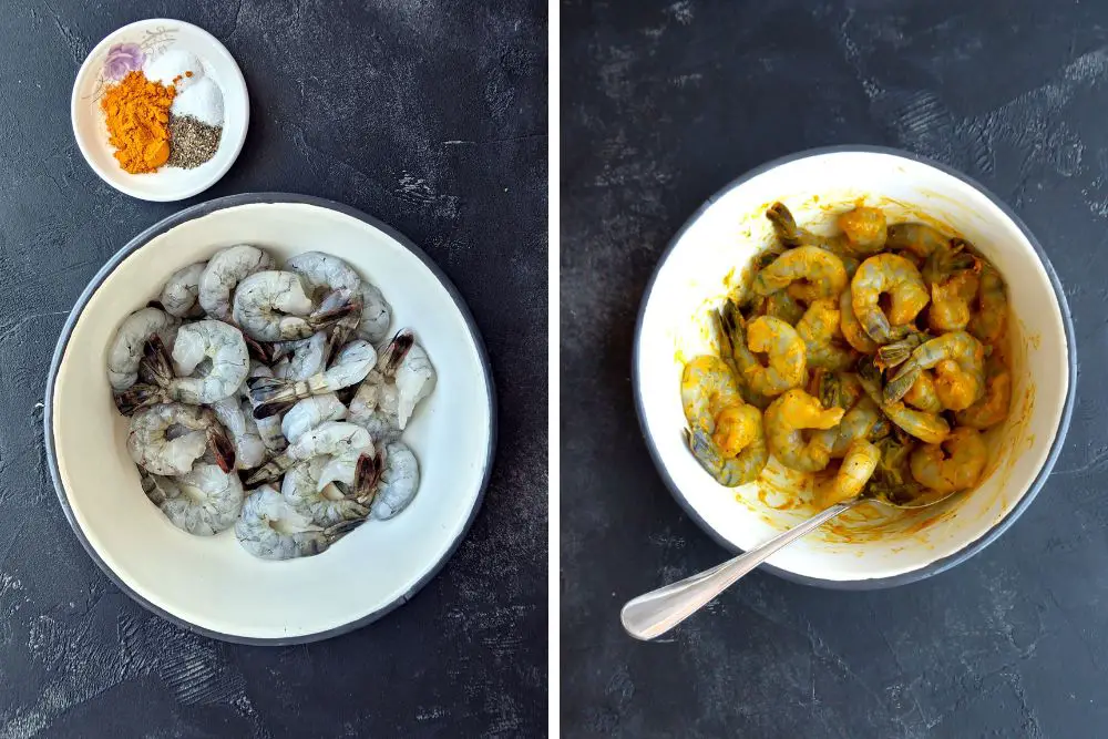 Prepare shrimp: Season shrimp with salt, pepper, and turmeric. 