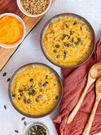 This creamy pumpkin quinoa soup is packed with protein, naturally dairy-free, and gluten-free, making it a cozy and satisfying meal.