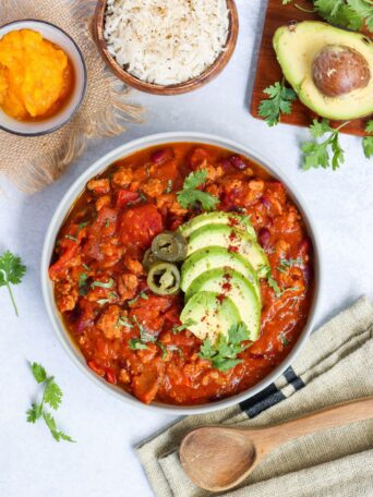 This pumpkin turkey chili is a high-protein, one-pot meal that's both gluten-free and low-carb—the perfect healthy comfort food for a busy weeknight.
