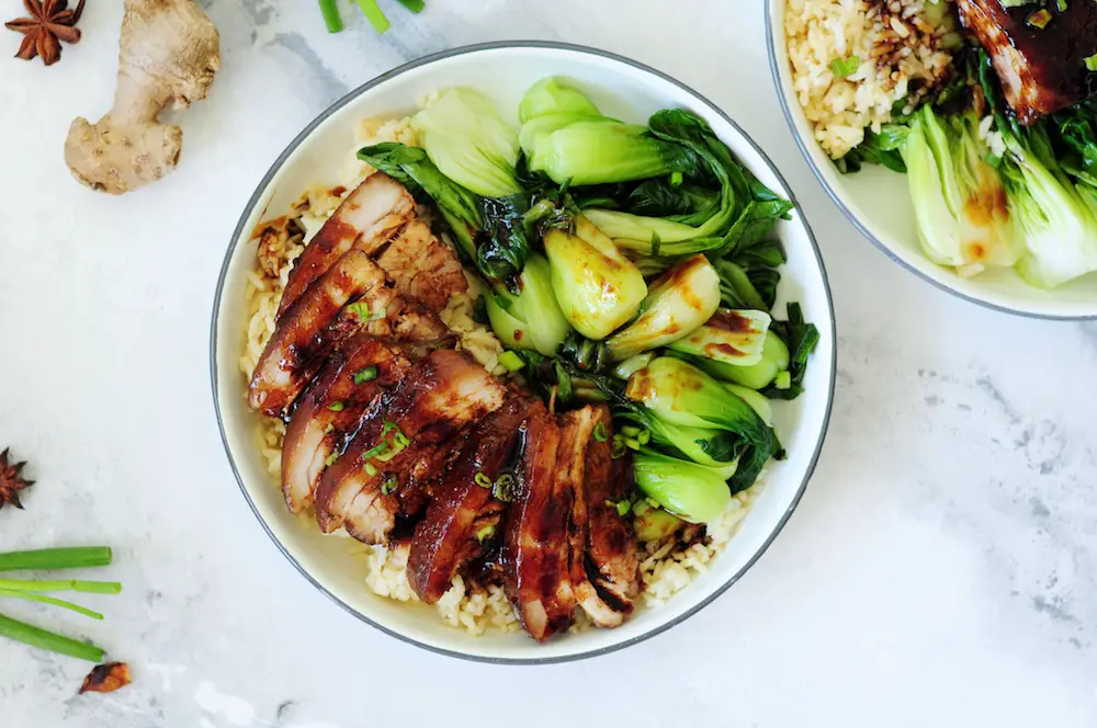 Red-Braised Sous Vide Pork Belly with Sauteed Bok Choy