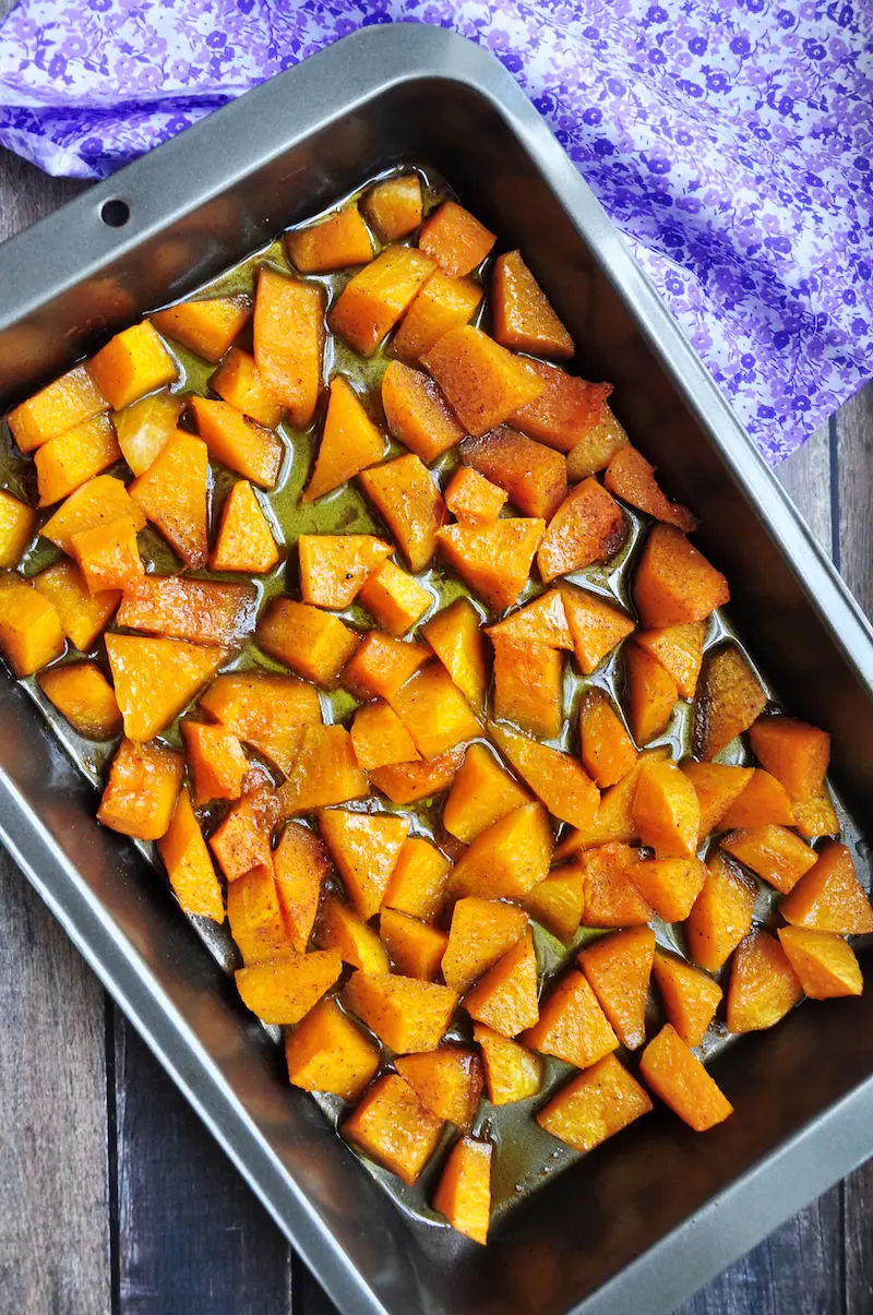 This is not your regular roasted butternut squash. It's sweet and savory with garlic and cinnamon to enhance the flavor even more.
