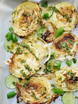 Roasted Cabbage Steaks with Spicy Lime and Cilantro Sauce