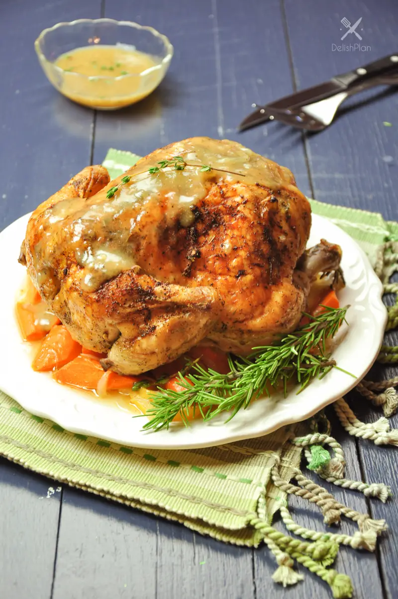 Roasted Lemon Herb Whole Chicken with Carrots and Onions