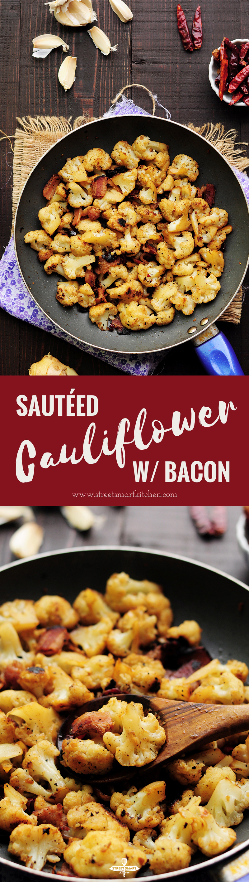 An easy recipe with only 7 ingredients like this sautéed cauliflower with bacon is perfect for any busy workday dinner. It’s a little spicy, gluten-free and so delicious that you won’t want to stop digging in.