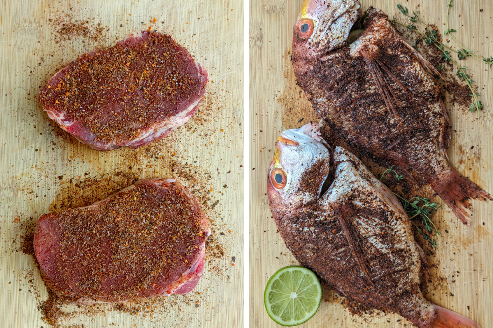 Season each protein. Rub, marinate, or just salt and pepper—whatever you're using for each protein, apply it before bagging. They don't need to match.