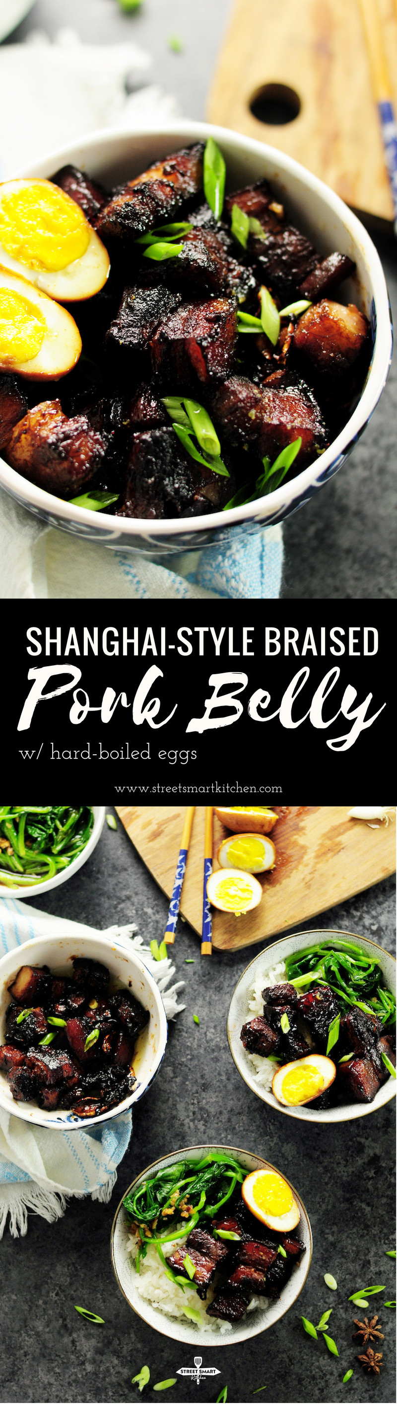 Authentic Shanghai-style braised pork belly simmered in rich and dark soy sauce and Chinese cooking wine, caramelized with brown sugar along with fresh ginger, garlic, green onion, and star anise. This is a true Chinese dish you can make in your own kitchen.