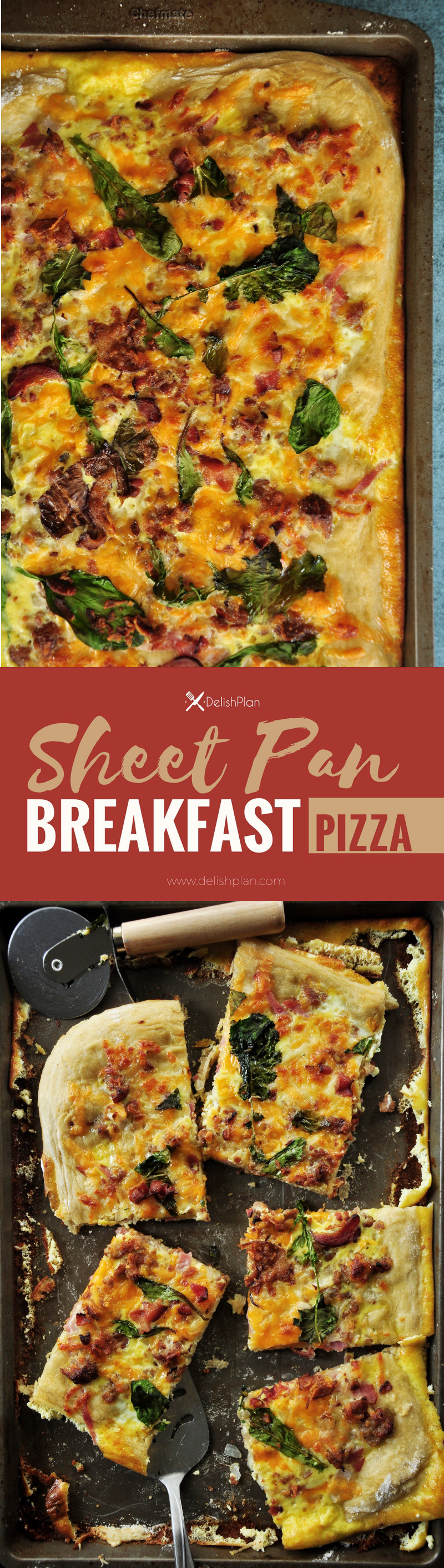 Sheet pan breakfast pizza recipe incorporates your favorite breakfast ingredients like bacon and eggs, plus onions and greens for a balanced one-pan meal.