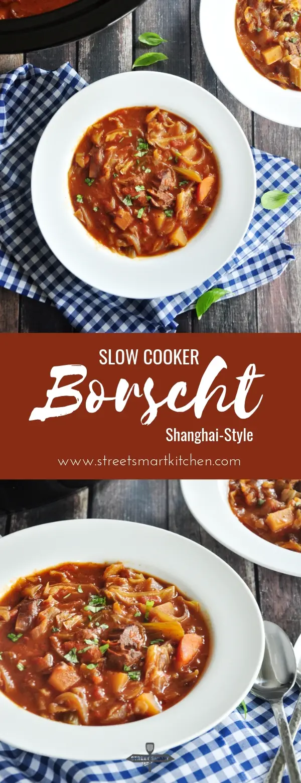 A hearty borscht recipe made with beef stew meat and onion sautéed in a roux and slow cooked in homemade beef bone broth, this Shanghai-style beef borscht makes a delicious comfort meal on a chilly day.
