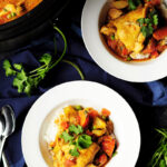 Curry chicken, potatoes, carrots slow cooked in a fried curry sauce simmered in a rich homemade chicken broth and coconut milk.