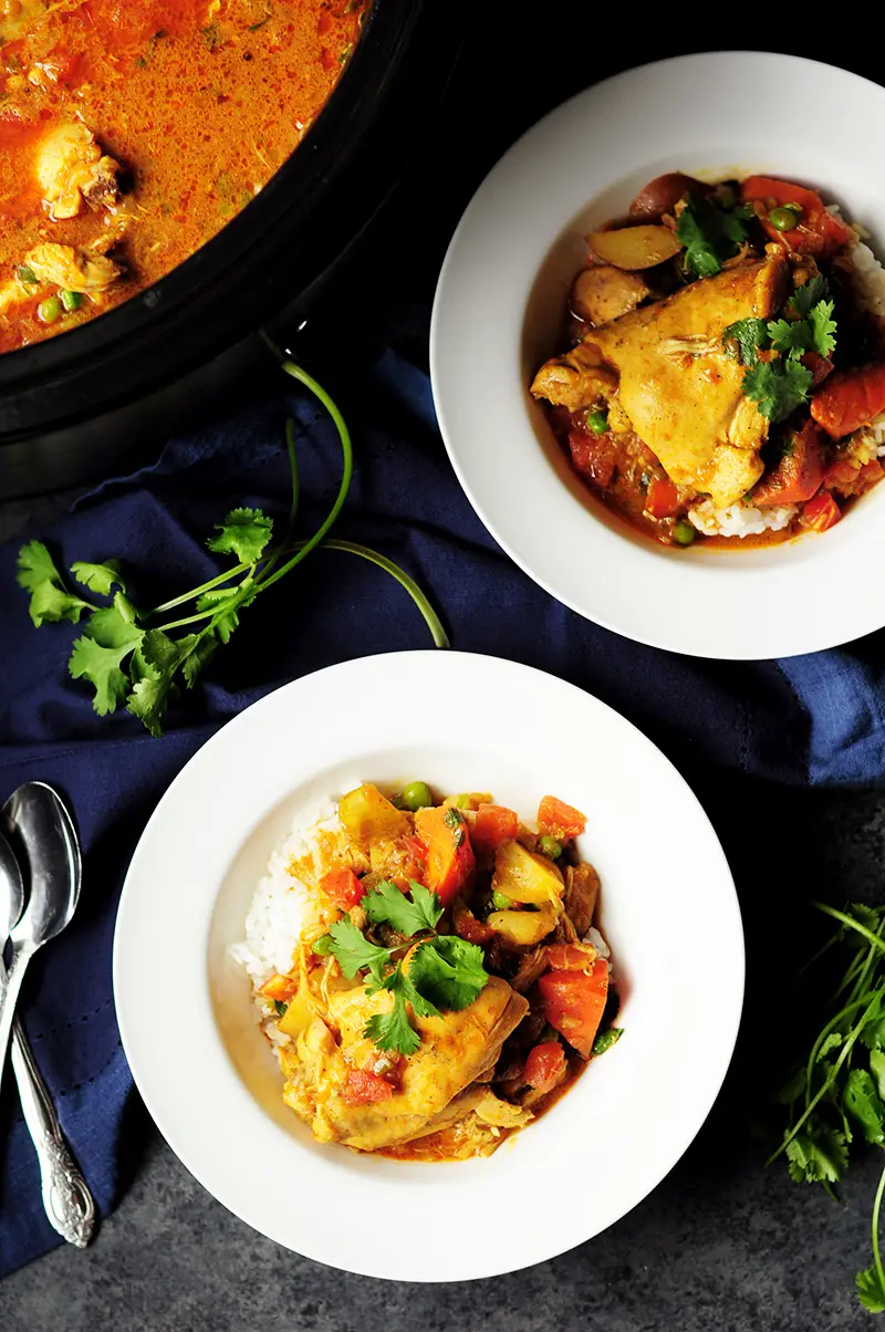 Curry chicken, potatoes, carrots slow cooked in a fried curry sauce simmered in a rich homemade chicken broth and coconut milk.