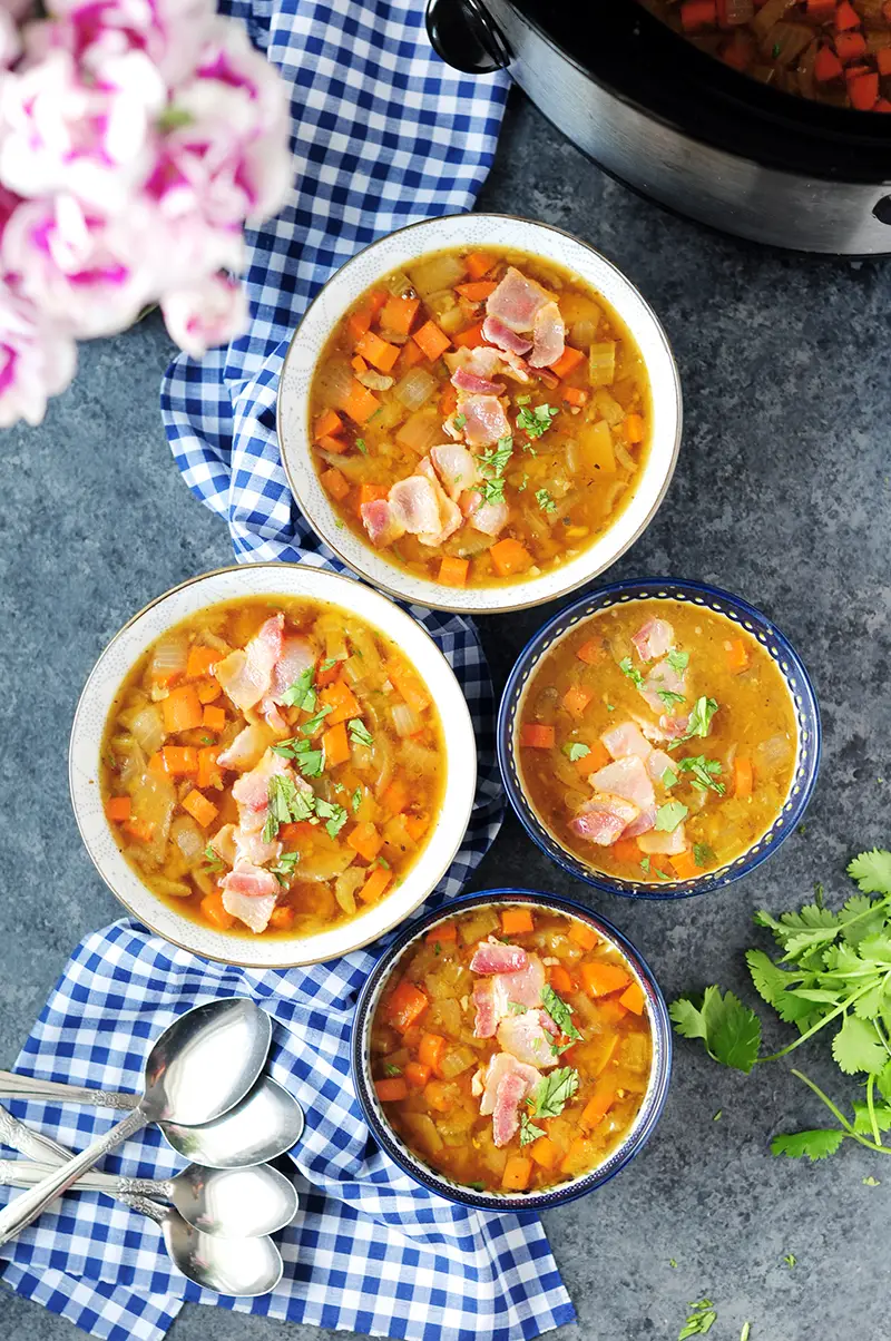 Slow cooker split pea soup made with uber flavorful and healthy beef bone broth completely hands off. It's naturally creamy and it's also a great immune booster!