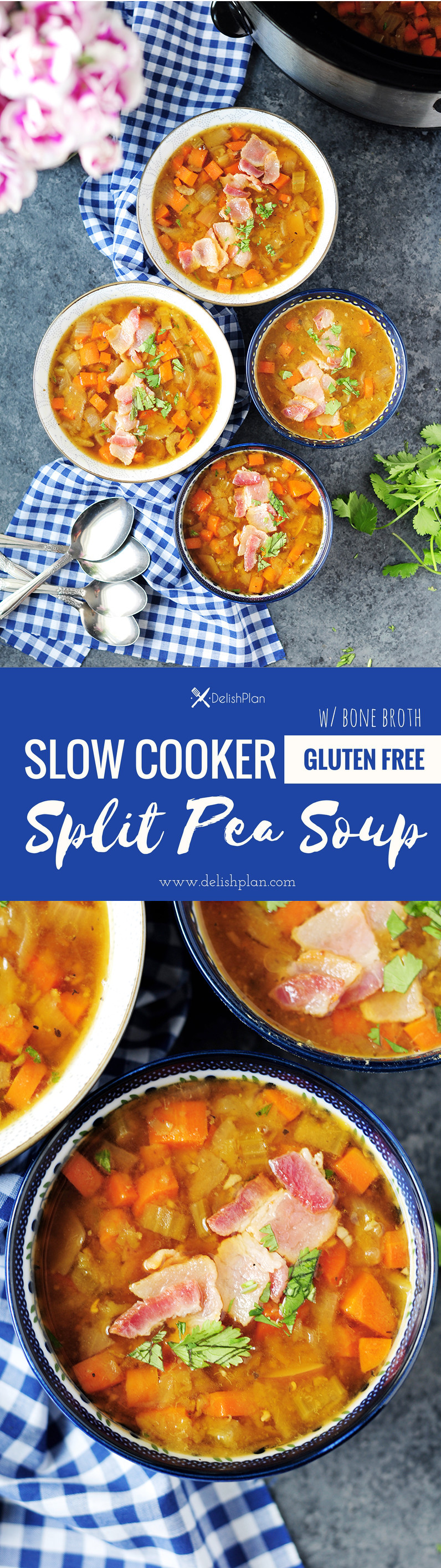 Slow cooker split pea soup made with uber flavorful and healthy beef bone broth completely hands off. It's naturally creamy and it's also a great immune booster!