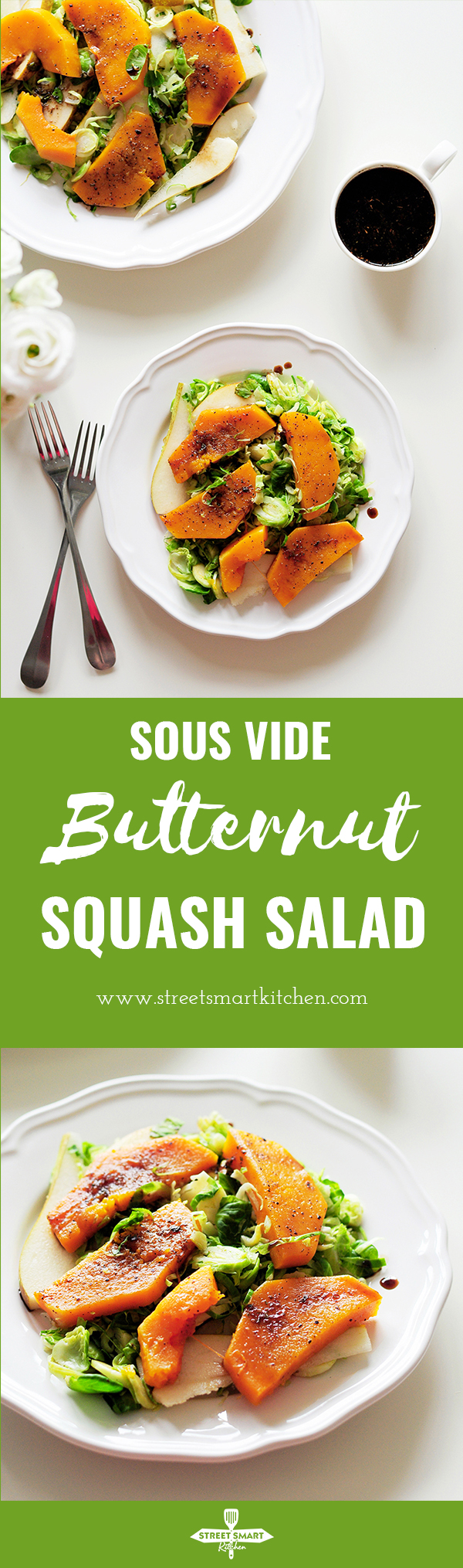 This sous vide butternut squash salad comes with an extra punch of flavor from pears, Brussels sprouts and a homemade balsamic vinegar glaze.