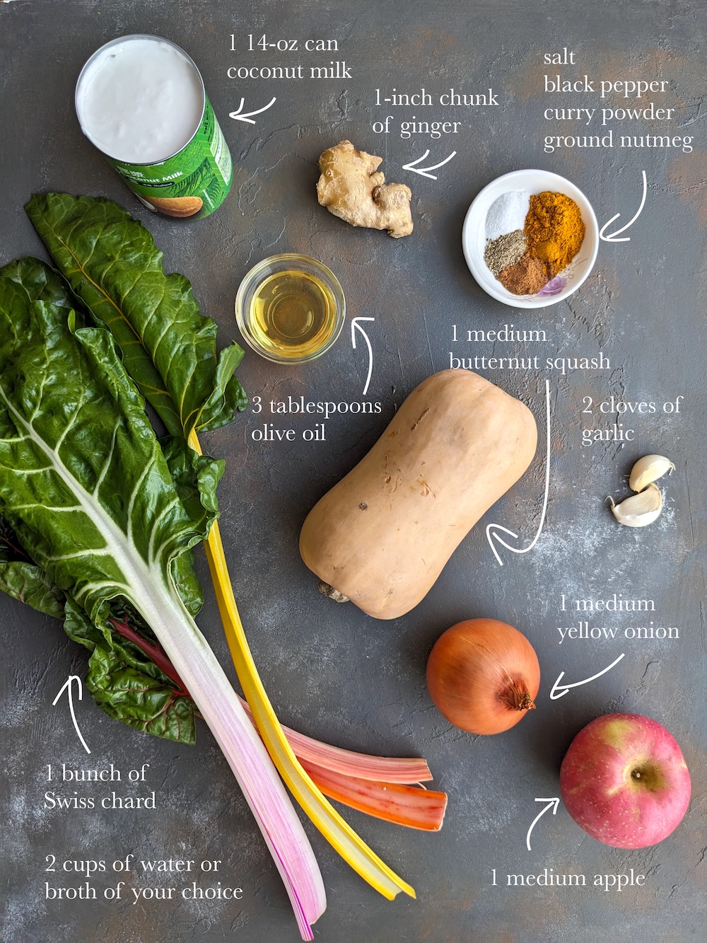 Ingredients for the sous vide butternut squash soup with Swiss chard