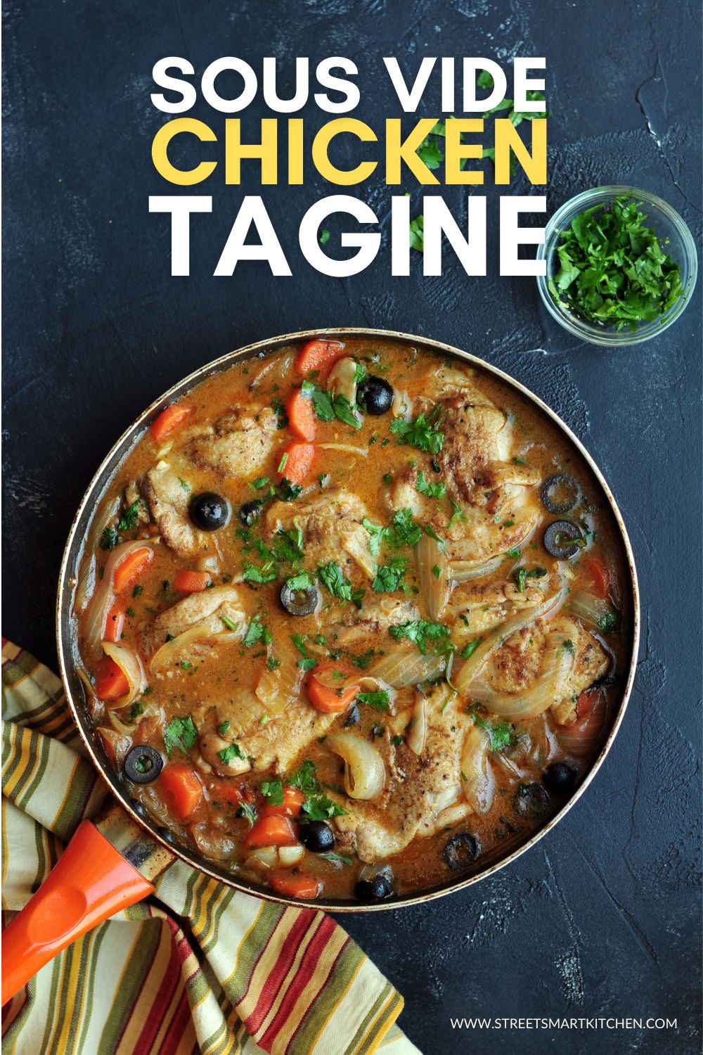 Chicken tagine made with sous vide chicken thighs offers deliciously juicy chicken and bold Moroccan flavors. Ready in an hour.