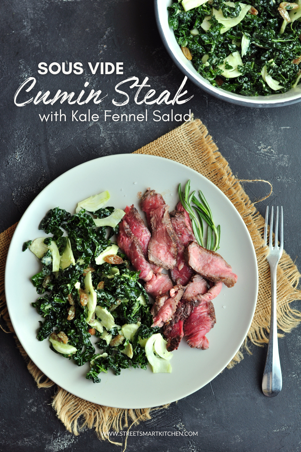 This sous vide cumin steak is marinated in a bold cumin-lemon blend, cooked to perfect medium-rare, and paired with a kale fennel salad for a complete low-carb dinner.