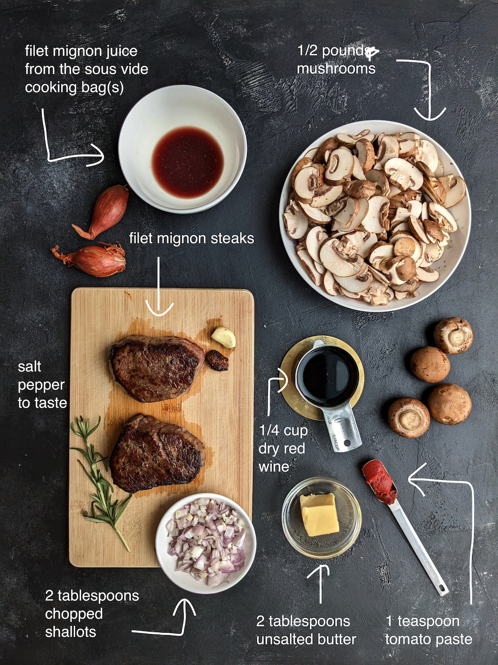 Ingredients for sous vide filet mignon with mushroom sauce