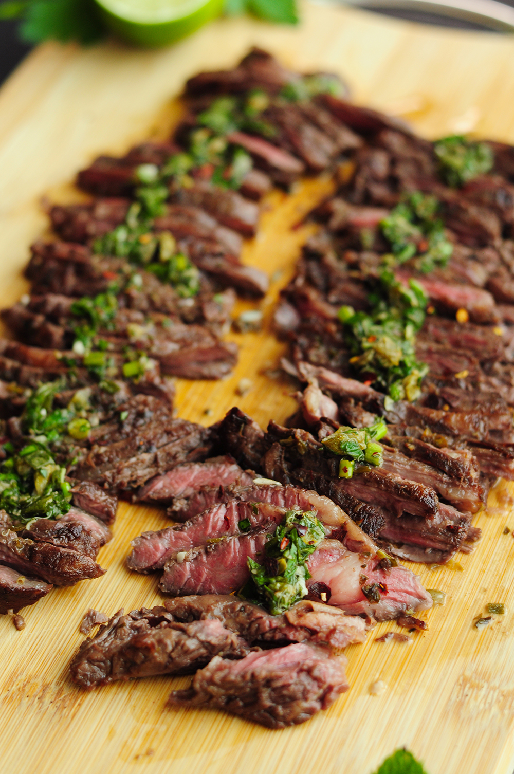 Marinated skirt steak cooked sous vide and sliced