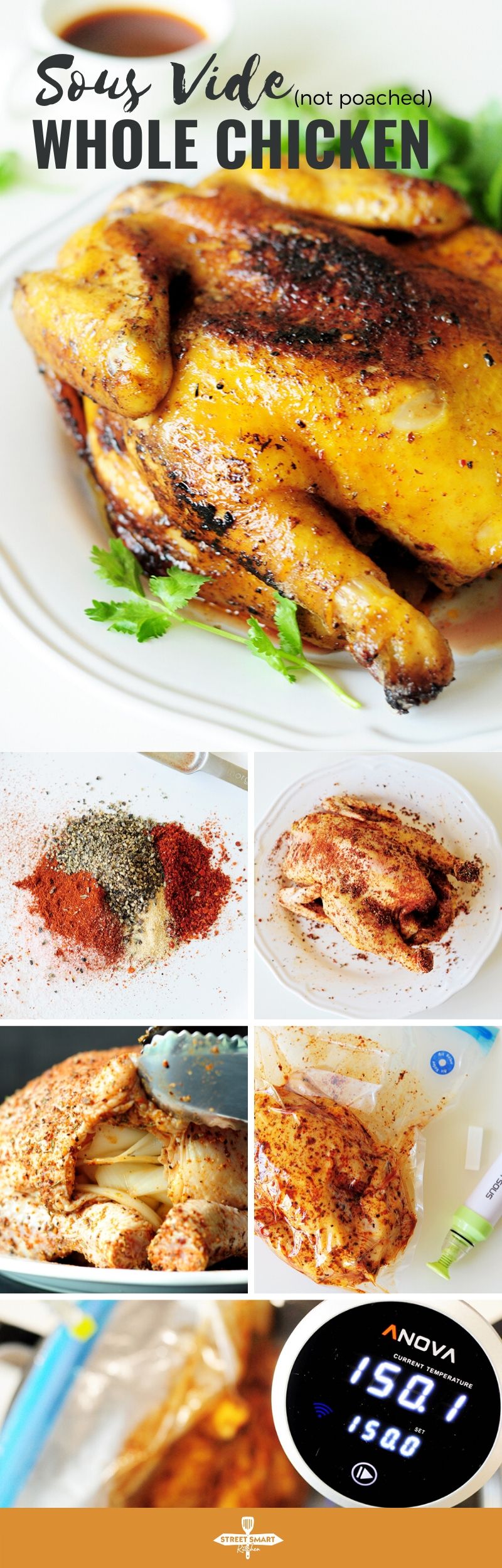This non poached sous vide whole chicken recipe will be the juiciest, tenderest, and most flavorful chicken you’ll ever make. Step-by-step instructions included.