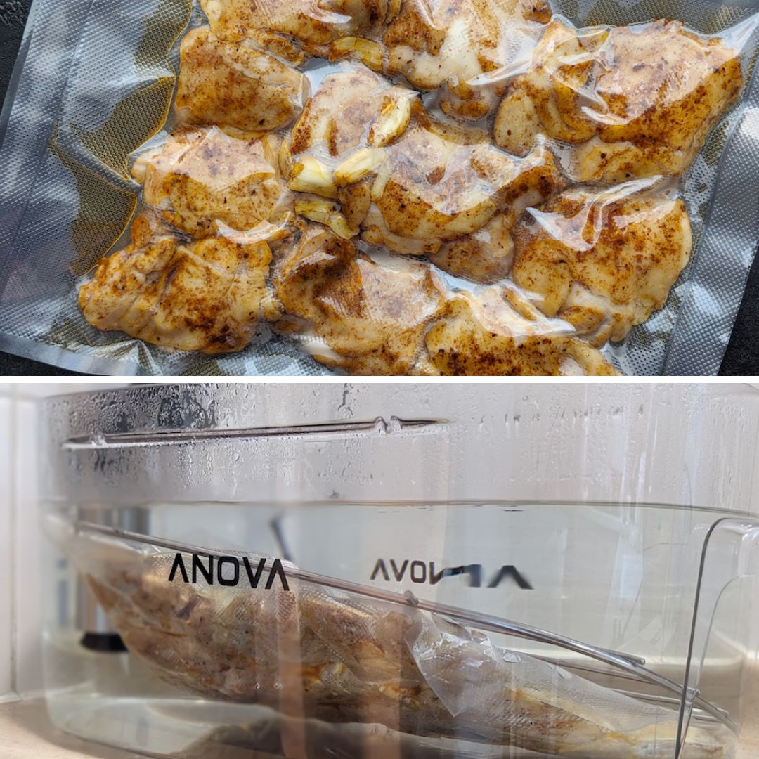 Place chicken in one or multiple sous vide bags in one single layer, and seal the bag(s) and sous vide for 45 minutes.