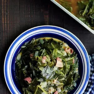 Easy and nutritious southern collard greens with bacon and bone broth slow cooked in the oven or on the stove. 