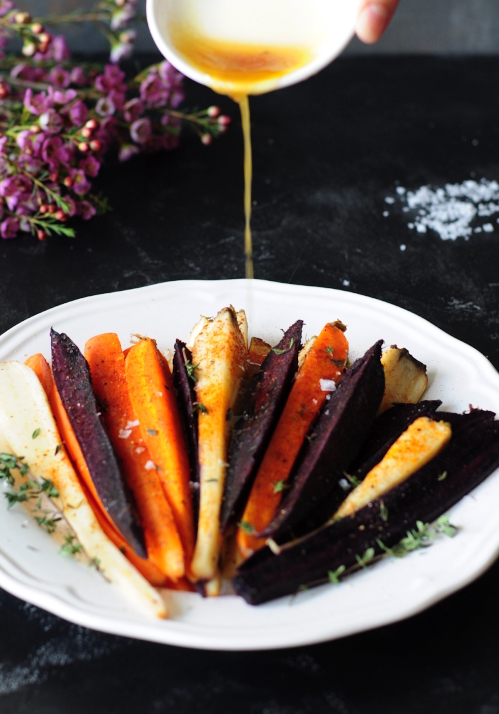 Drizzle a honey-butter glaze onto sous vide carrots