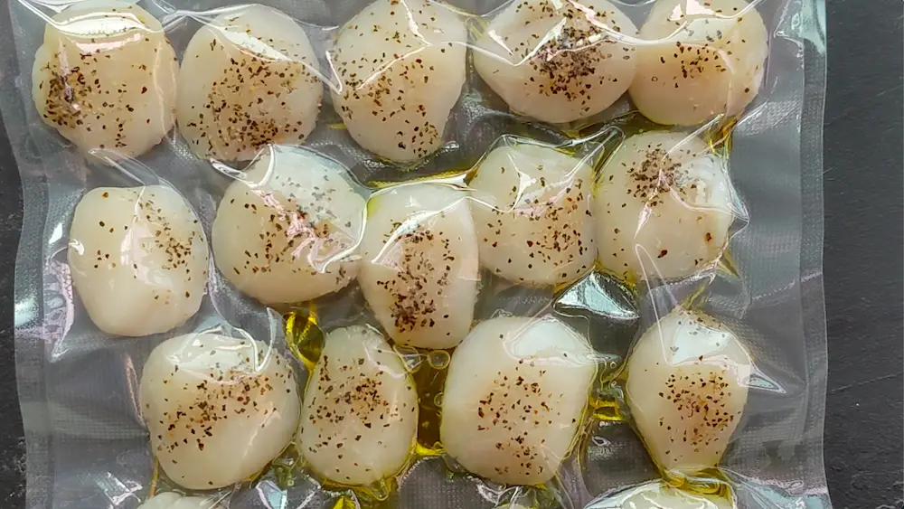 vacuum seal the sous vide bag containing scallops