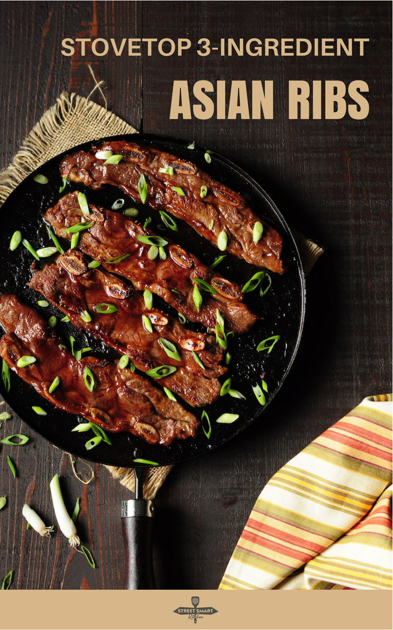 Quick and easy Asian ribs with only 3 ingredients pan grilled on the stove top. This is a great meat option for a busy workday dinner. 