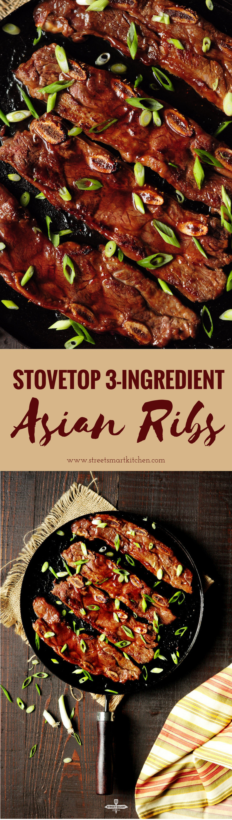 Quick and easy Asian ribs with only 3 ingredients pan grilled on the stove top. This is a great meat option for a busy workday dinner. 