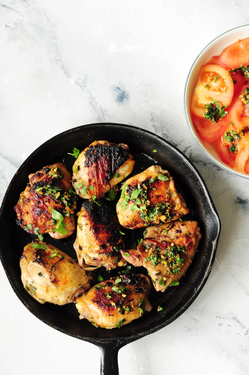 Thai night can be healthy, low carb and delicious with these Thai sous vide chicken thighs served over a bed of tasty tomato salad.