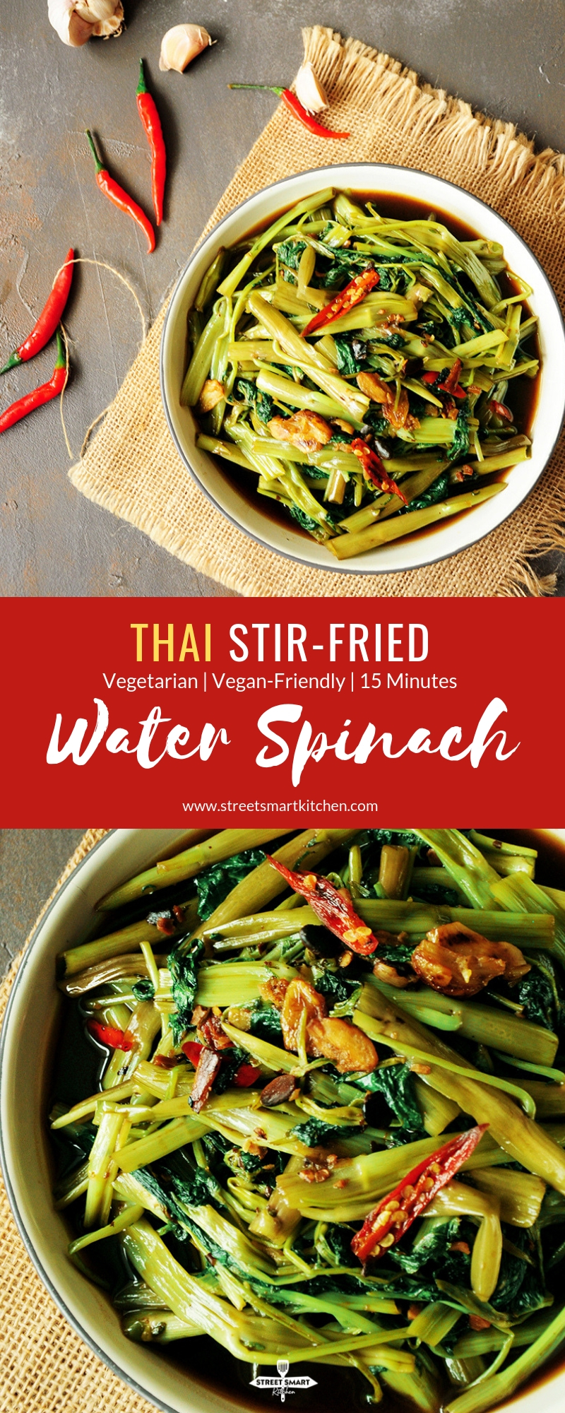 Cook one of the most popular Thai dishes at home with this tasty stir-fry morning glory (water spinach recipe.) It’s super quick and vegan-friendly.