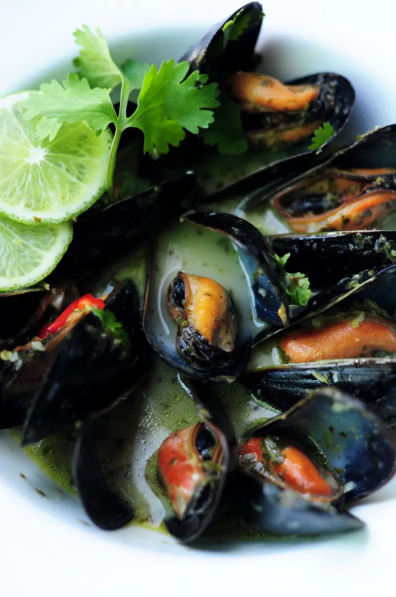 Quick and delicious mussels steamed in white wine along with a spicy and creamy Thai-style cooking sauce.