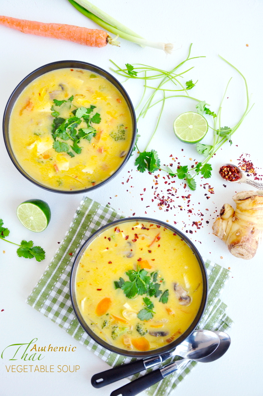 A light Thai vegetable soup recipe, flavored with authentic herbs along with hearty vegetables, coconut milk, and tofu. It's vegan and gluten-free friendly.