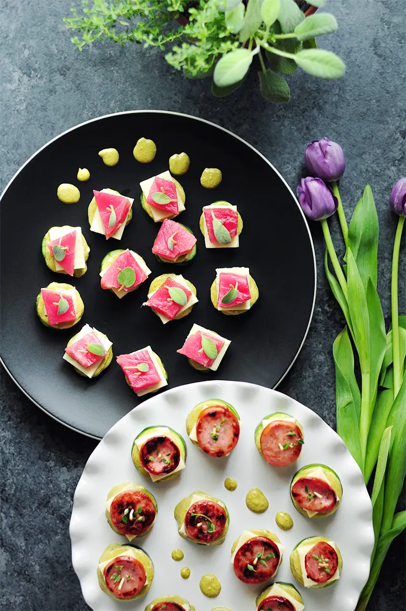 Tuna-Cucumber and Sausage-Zucchini Stackers