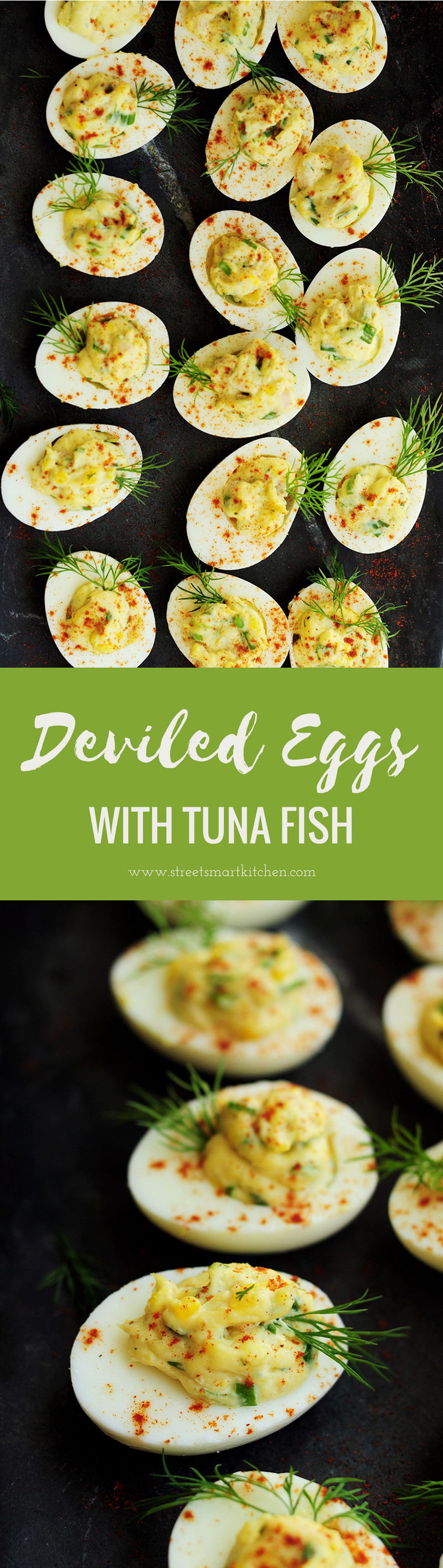 This tuna deviled eggs recipe combines tuna with mayonnaise, Dijon mustard, horseradish, green onion, eggs, and dill to make a deliciously fun appetizer!