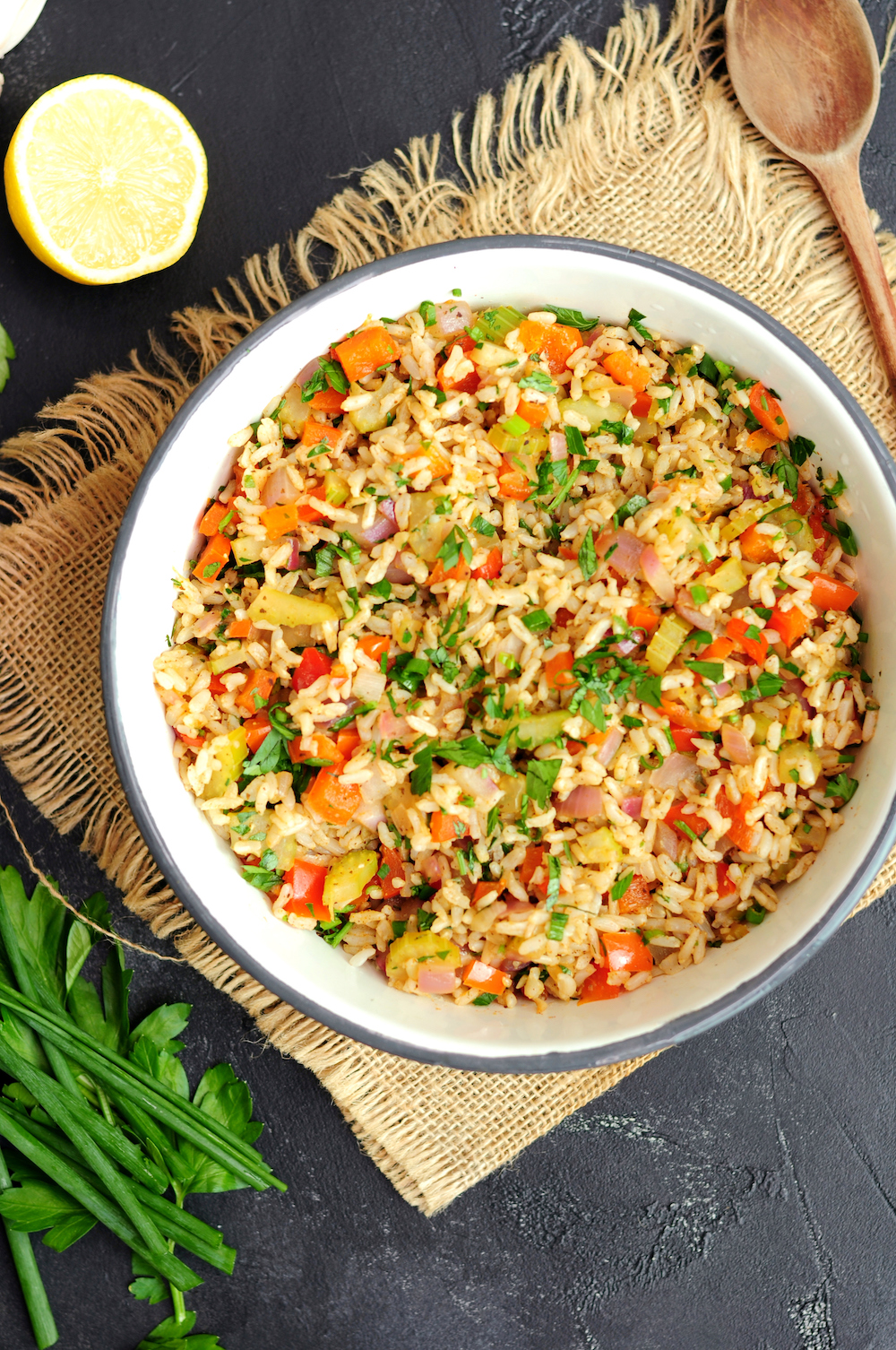 Meatless Cajun rice in a large bowl