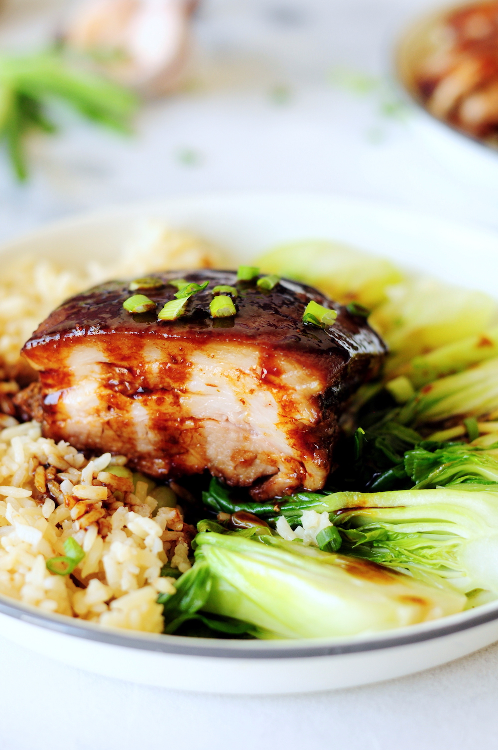 Red-Braised Sous Vide Pork Belly with Sauteed Bok Choy, a traditional classic Chinese recipe turned revolutionarily simple with the original melt-in-your-mouth texture and the authentic flavors!
