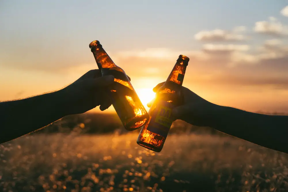 cheers with beer during sunset