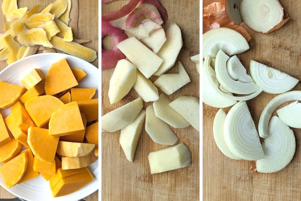 Cut butternut squash in half lengthwise; remove seeds and peel the skin. Then cut it into half-inch slices. Peel the apple, cut it into half-inch wedges, and discard the core. Chop onion and cut ginger into slices.