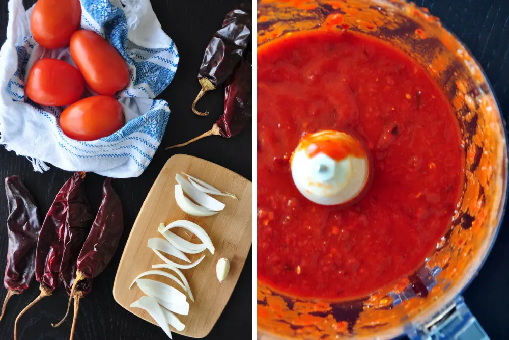 Ingredients for salsa de guajillo and after blending