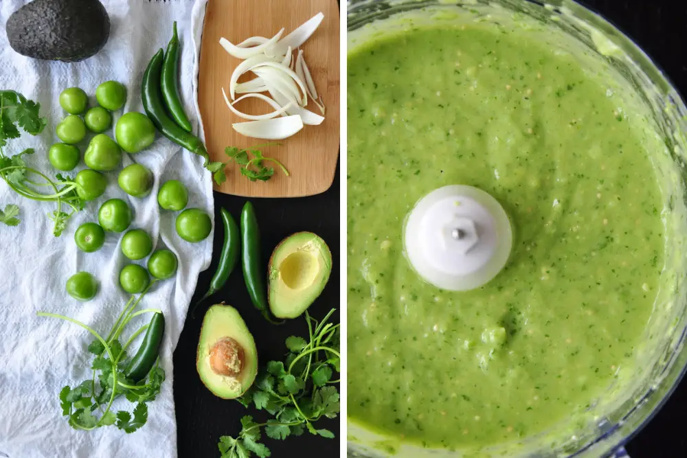 Ingredients for salsa verde and after blending