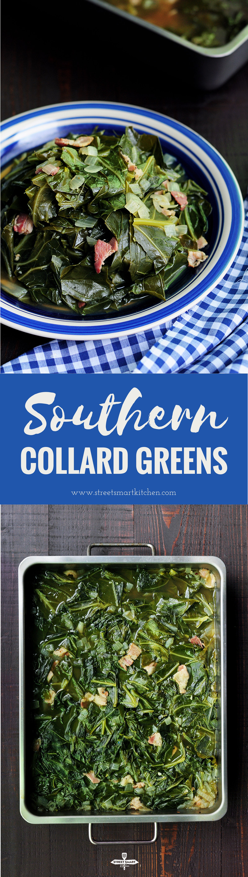 Easy and nutritious southern collard greens with bacon and bone broth slow cooked in the oven or on the stove. 